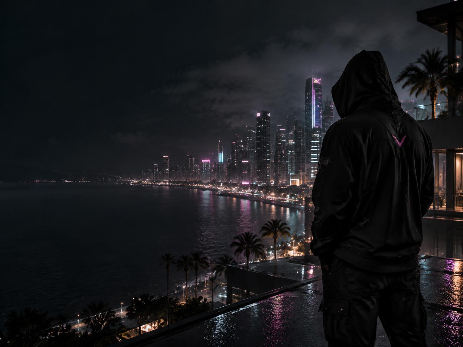 A hooded Vice DistrictX figure overlooking a neon coastal city